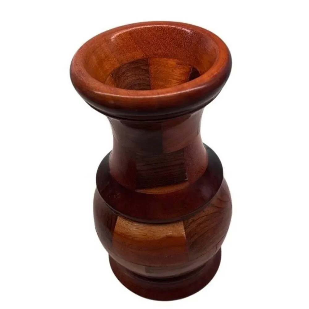 Vintage Multi Wood Mosaic Vase 8” Brown Hand Pieced Parquet Two-tone Segmented - Picture 4 of 11